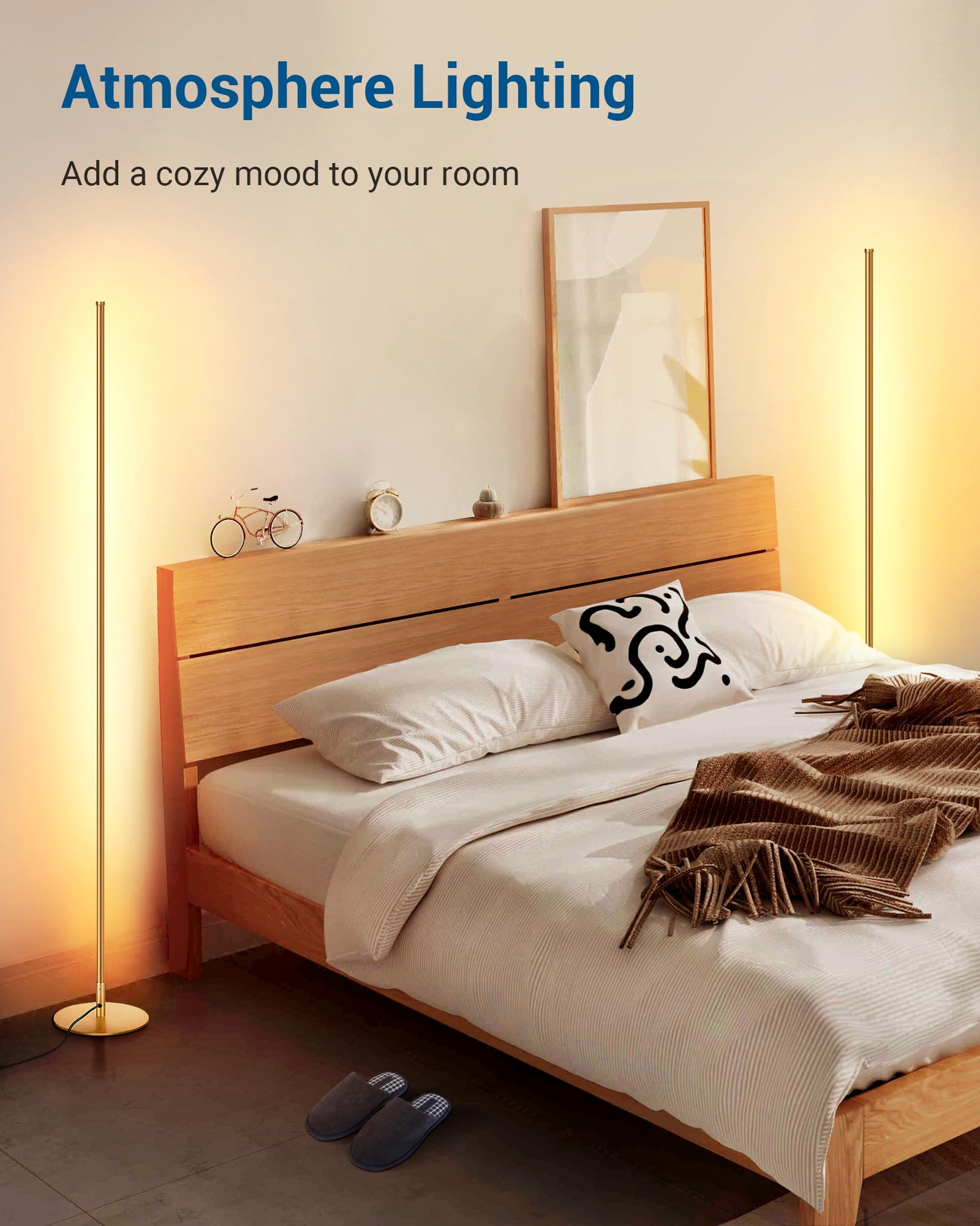 DEWENWILS dimmable gold floor lamp offers warm white illumination.
