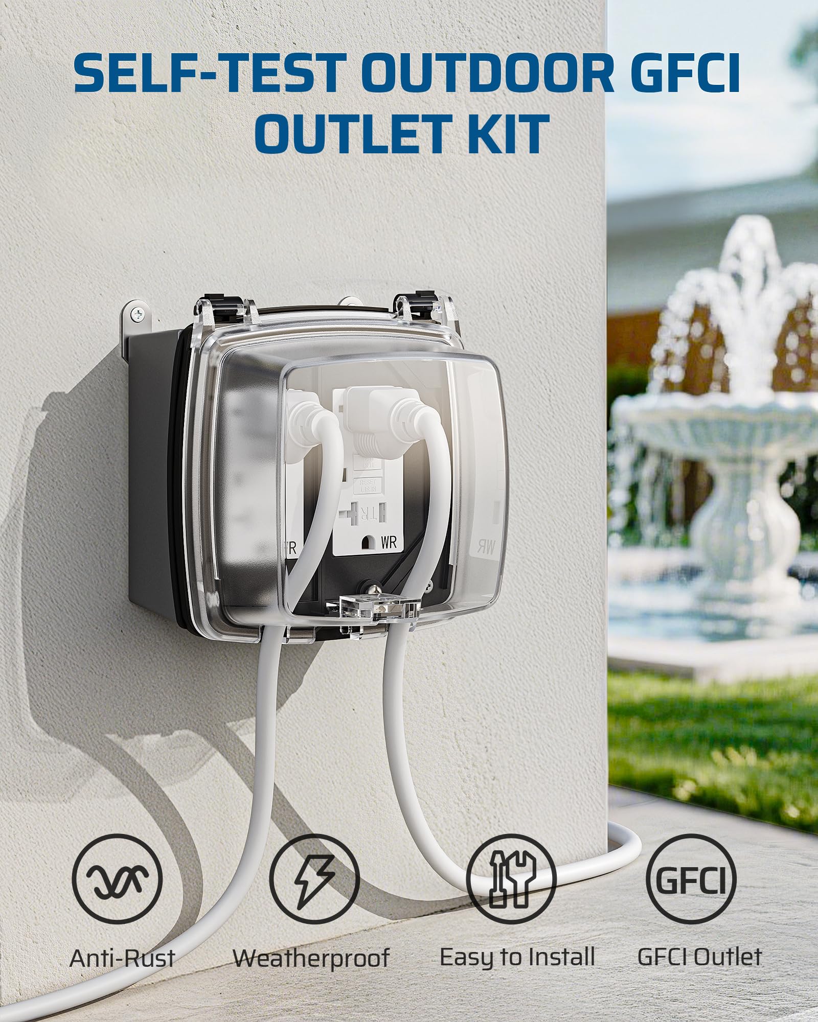 DEWENWILS GFCI outlet with self-test indicator highlighting outdoor safety features