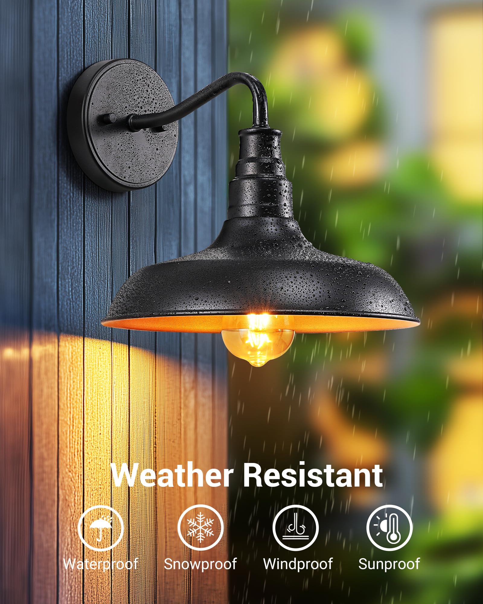 DEWENWILS gooseneck light with gold interior adds warm porch ambiance.
