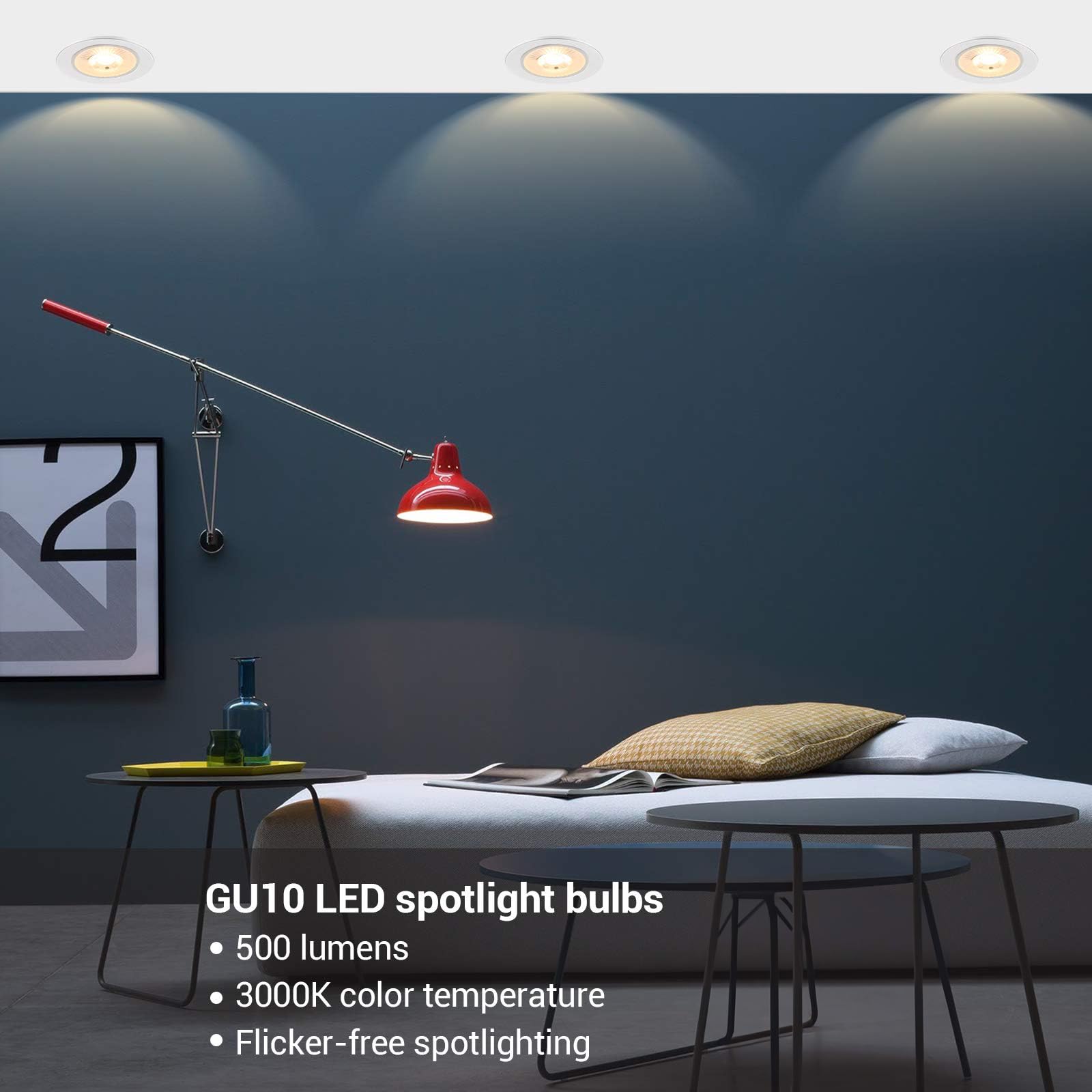 DEWENWILS GU10 3000K warm white bulb for warm kitchen and living room lighting.
