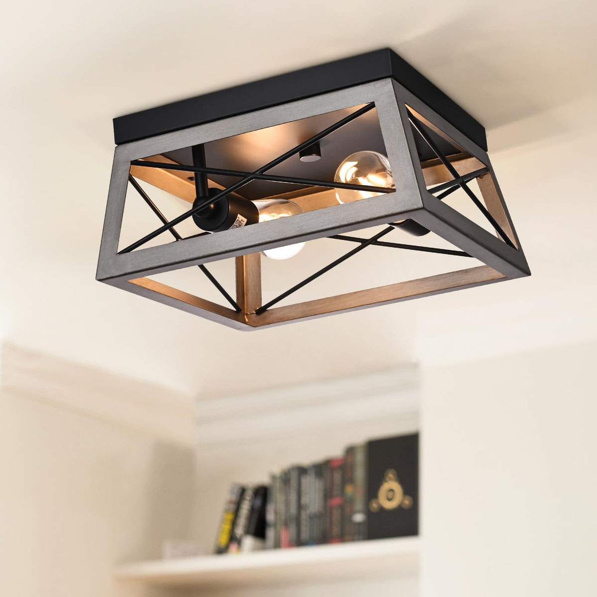 DEWENWILS industrial flush mount light showing easy ceiling assembly for quick installation