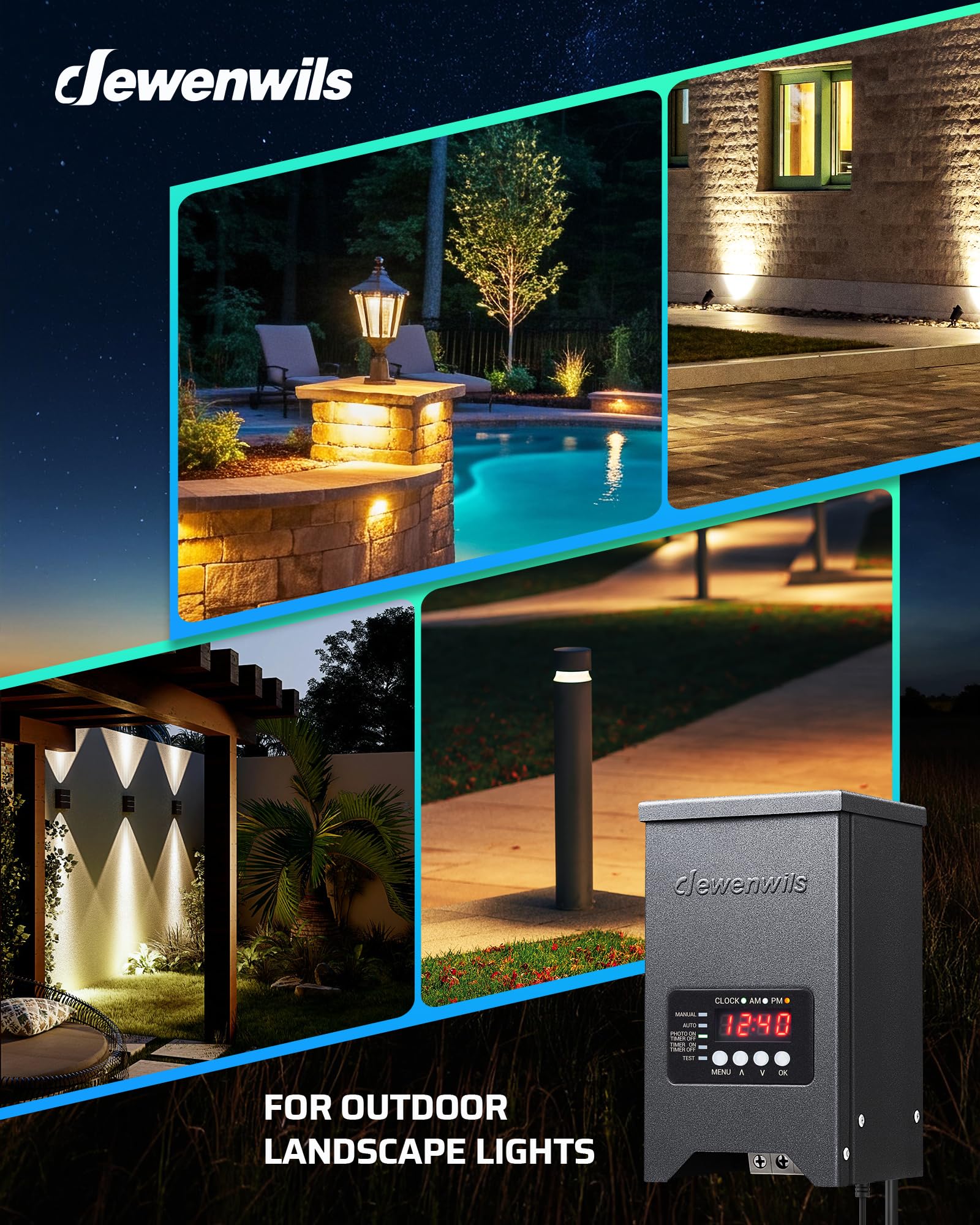 DEWENWILS transformer in use powering garden landscape lighting at night