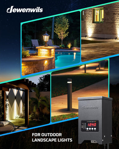 DEWENWILS transformer in use powering garden landscape lighting at night