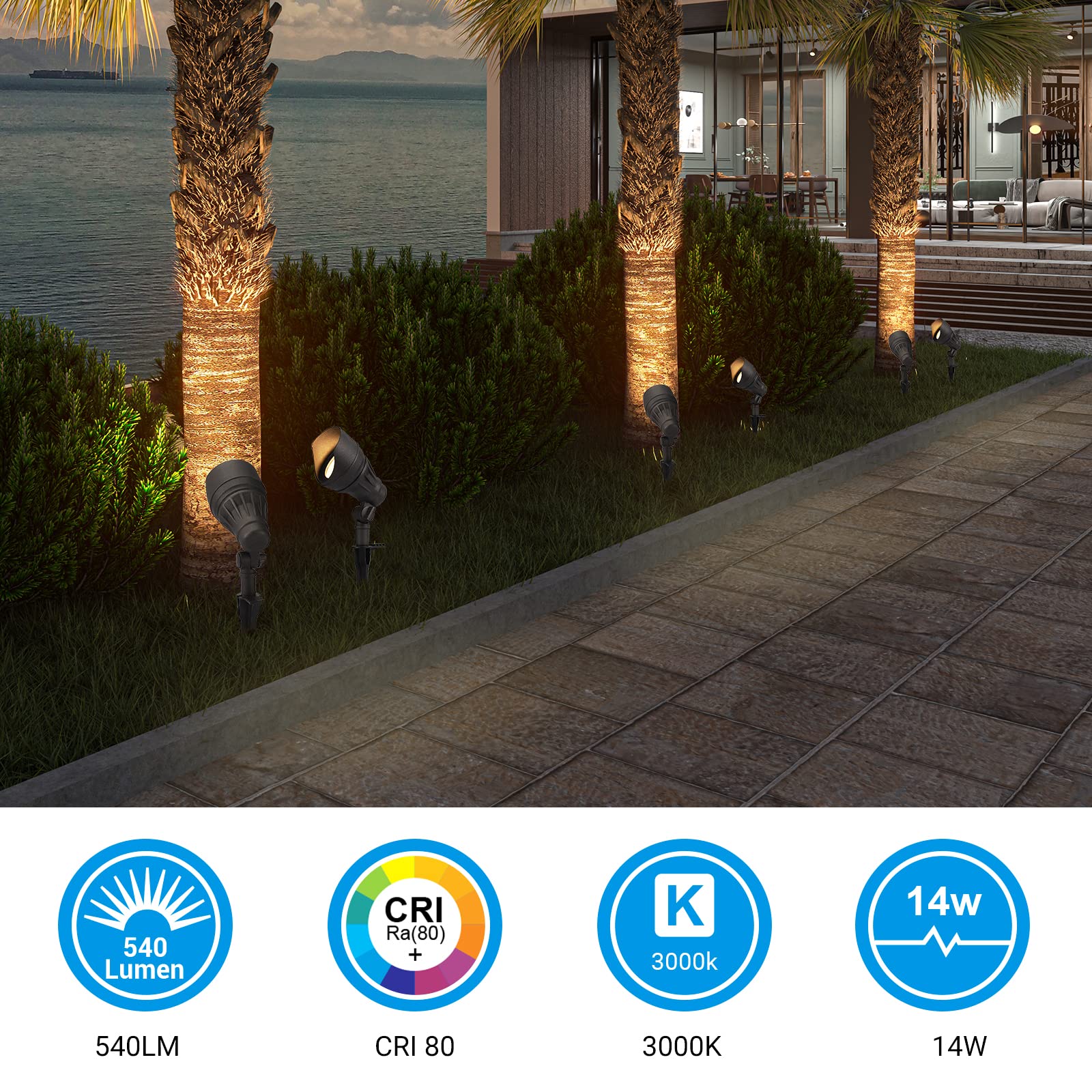 DEWENWILS wall-up light highlights house features with warm 3000K glow.