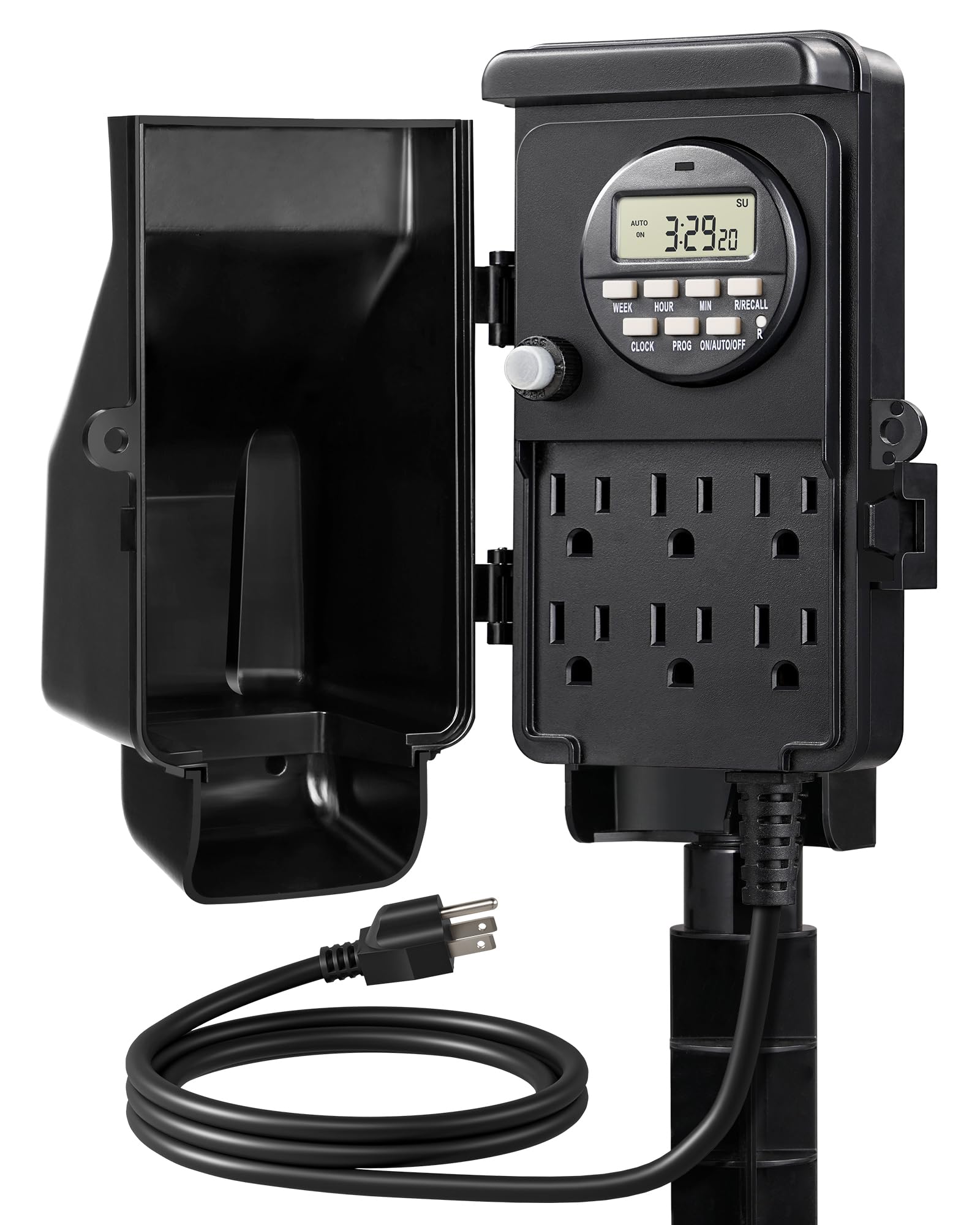 DEWENWILS outdoor digital power strip timer with 6 outlets for automatic garden lighting.