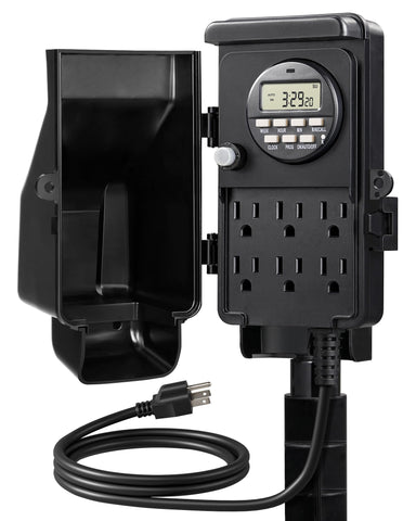 DEWENWILS outdoor digital power strip timer with 6 outlets for automatic garden lighting.