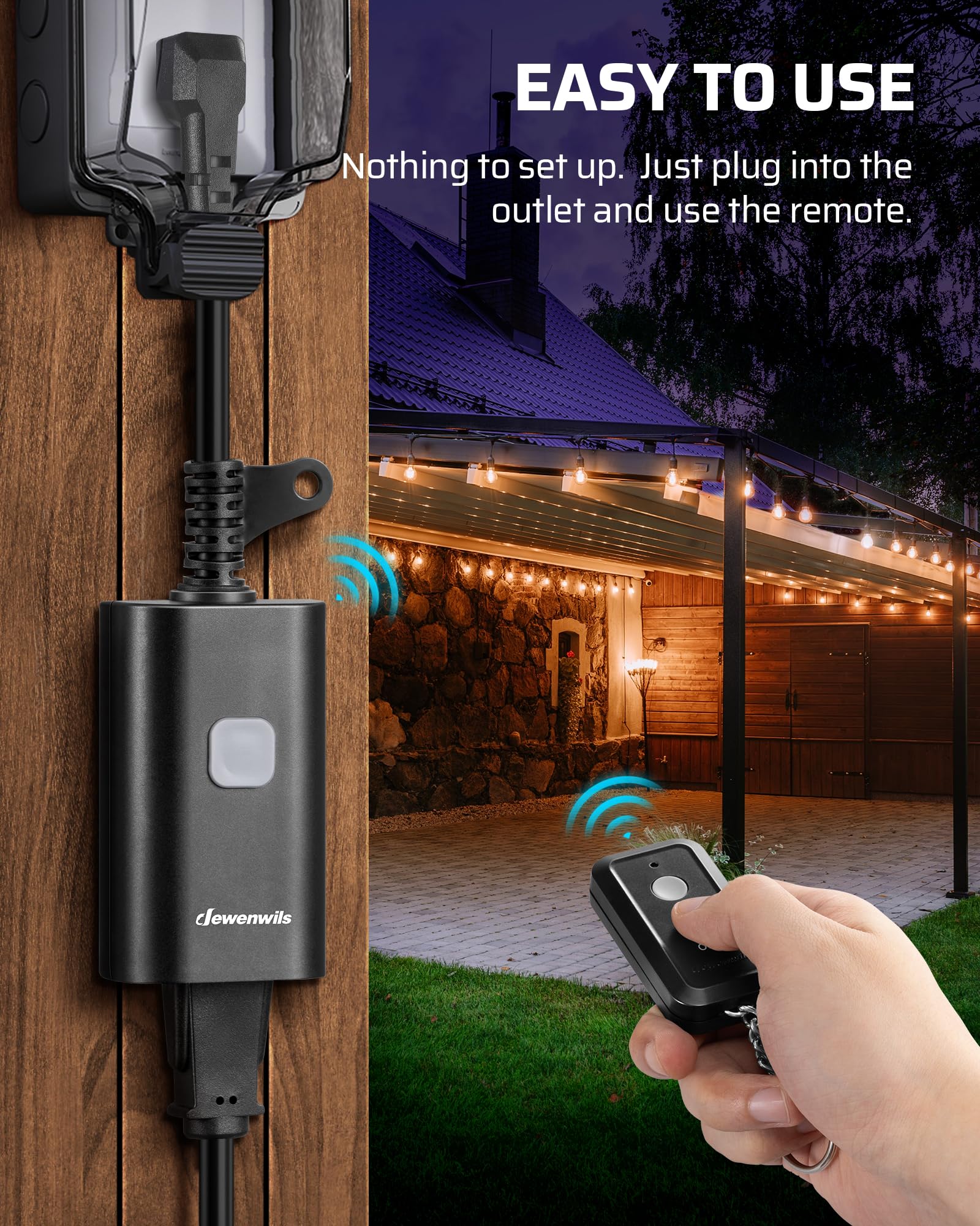 DEWENWILS remote control in hand demonstrates easy wireless switching