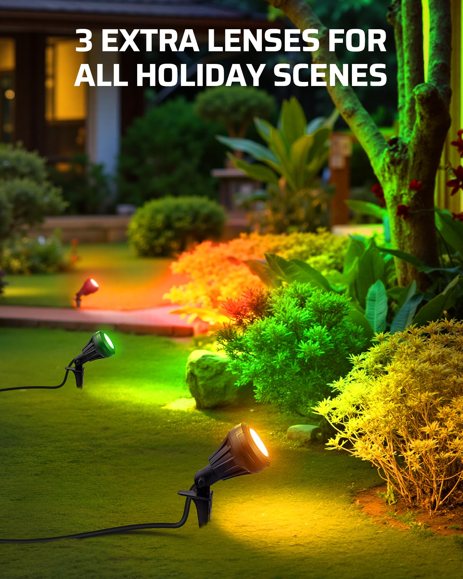 DEWENWILS spotlight with green lens for lush garden highlights.