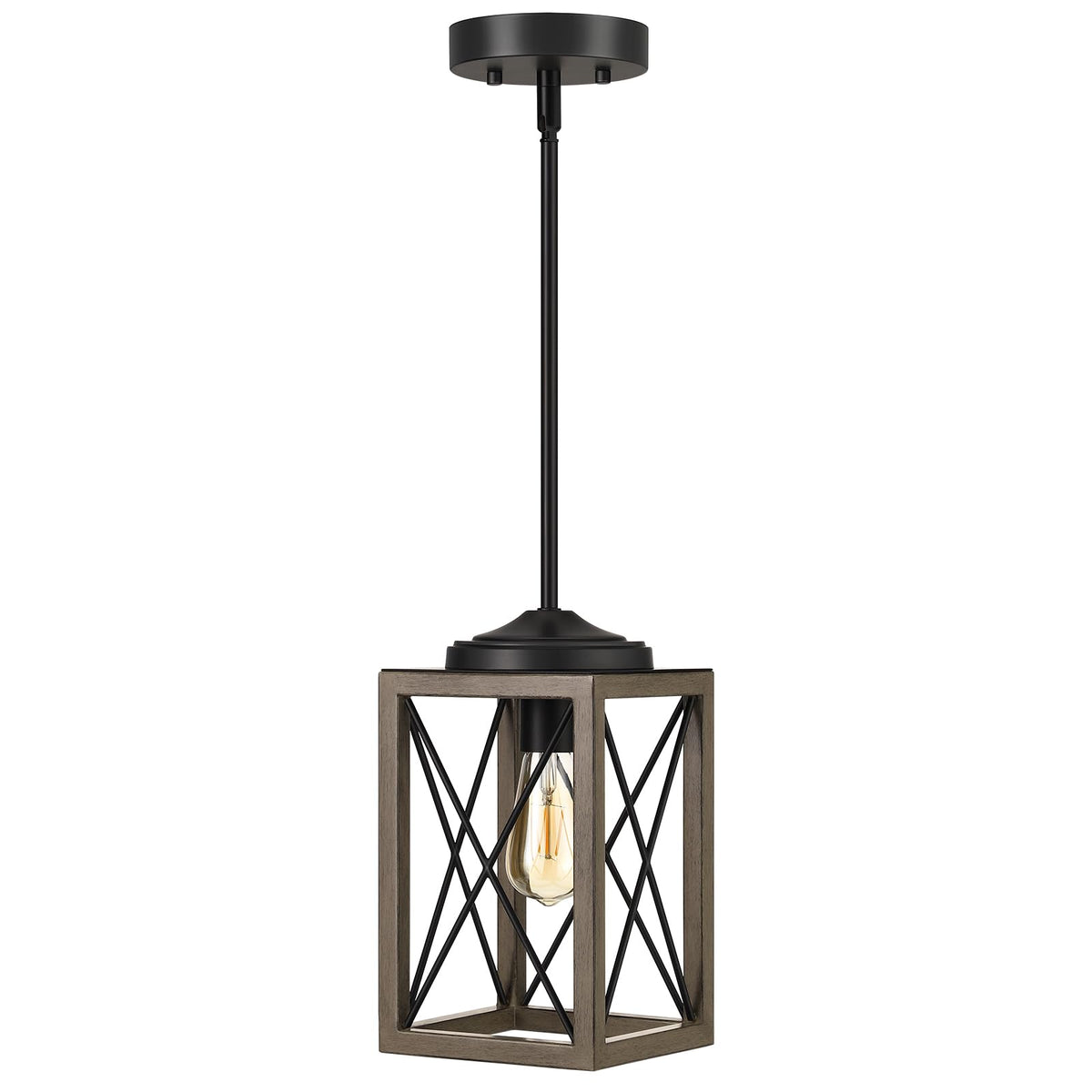 DEWENWILS pendant light with wood grain finish and cage shade for stylish entryways