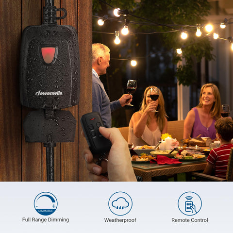 DEWENWILS dimmer remote demonstrates 100ft range for flexible outdoor control.