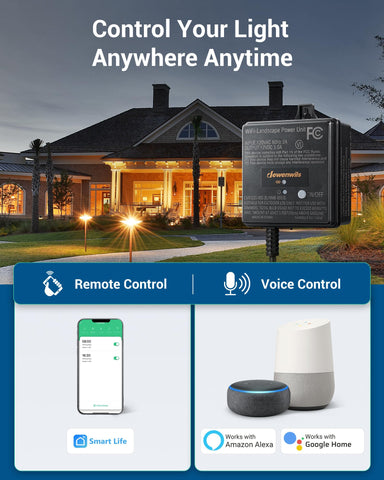 DEWENWILS transformer with smartphone control enables Alexa/Google voice lighting.