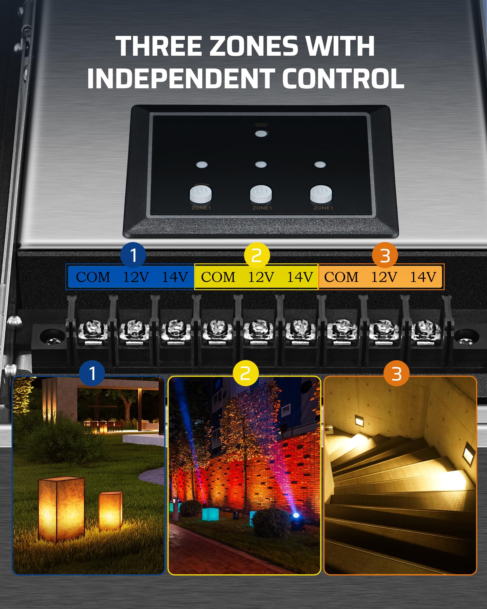 Stainless steel housing provides durable, weatherproof protection for outdoor use.