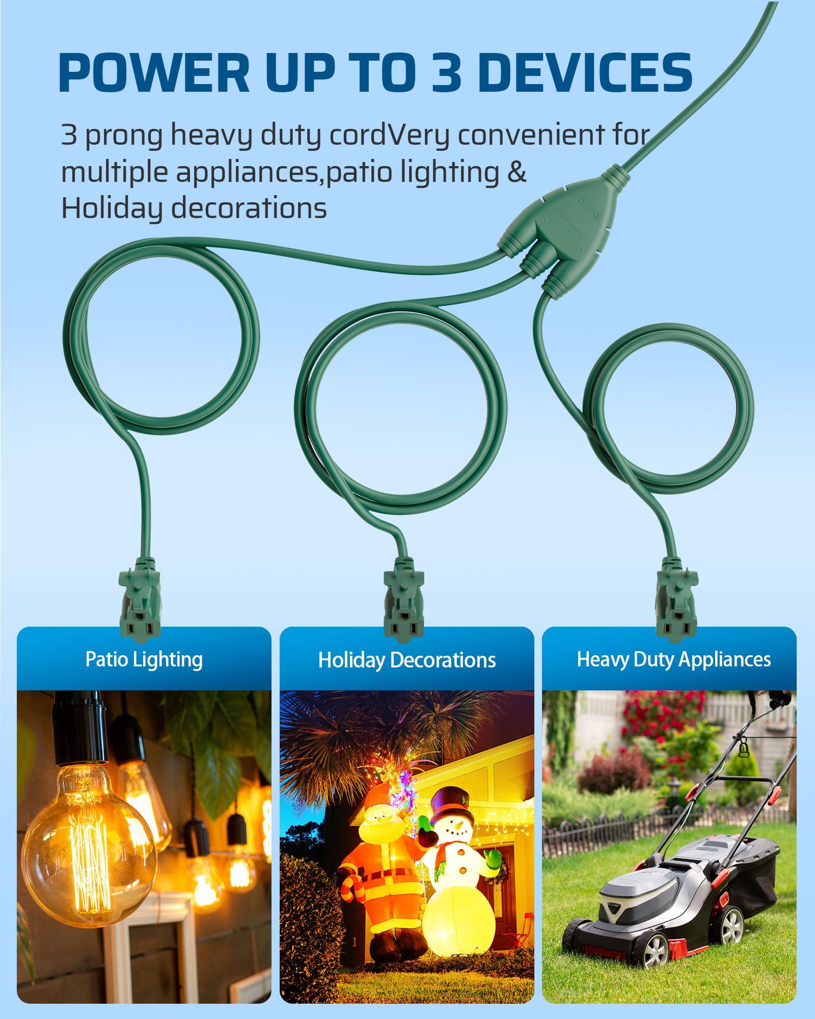 DEWENWILS three-outlet splitter enables tidy landscape wiring outdoors.
