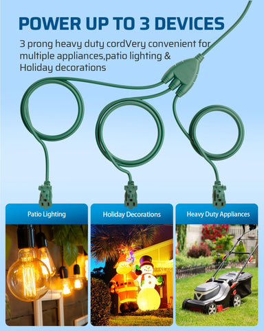 DEWENWILS three-outlet splitter enables tidy landscape wiring outdoors.