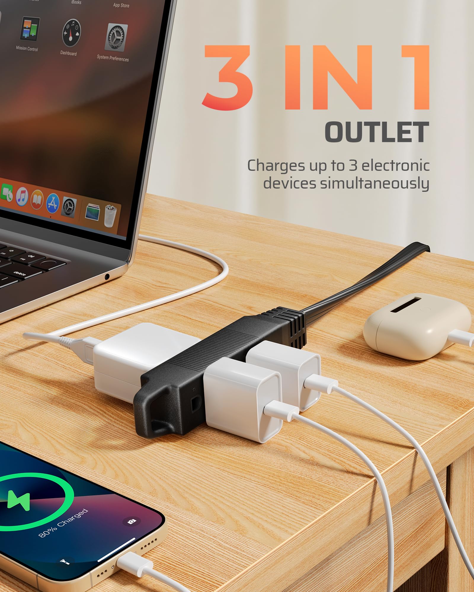 DEWENWILS triple-tap outlet configuration powers multiple devices in tight spaces.