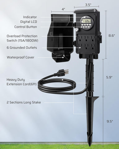 Versatile timer suitable for lights, pumps, sprinklers, and outdoor devices.