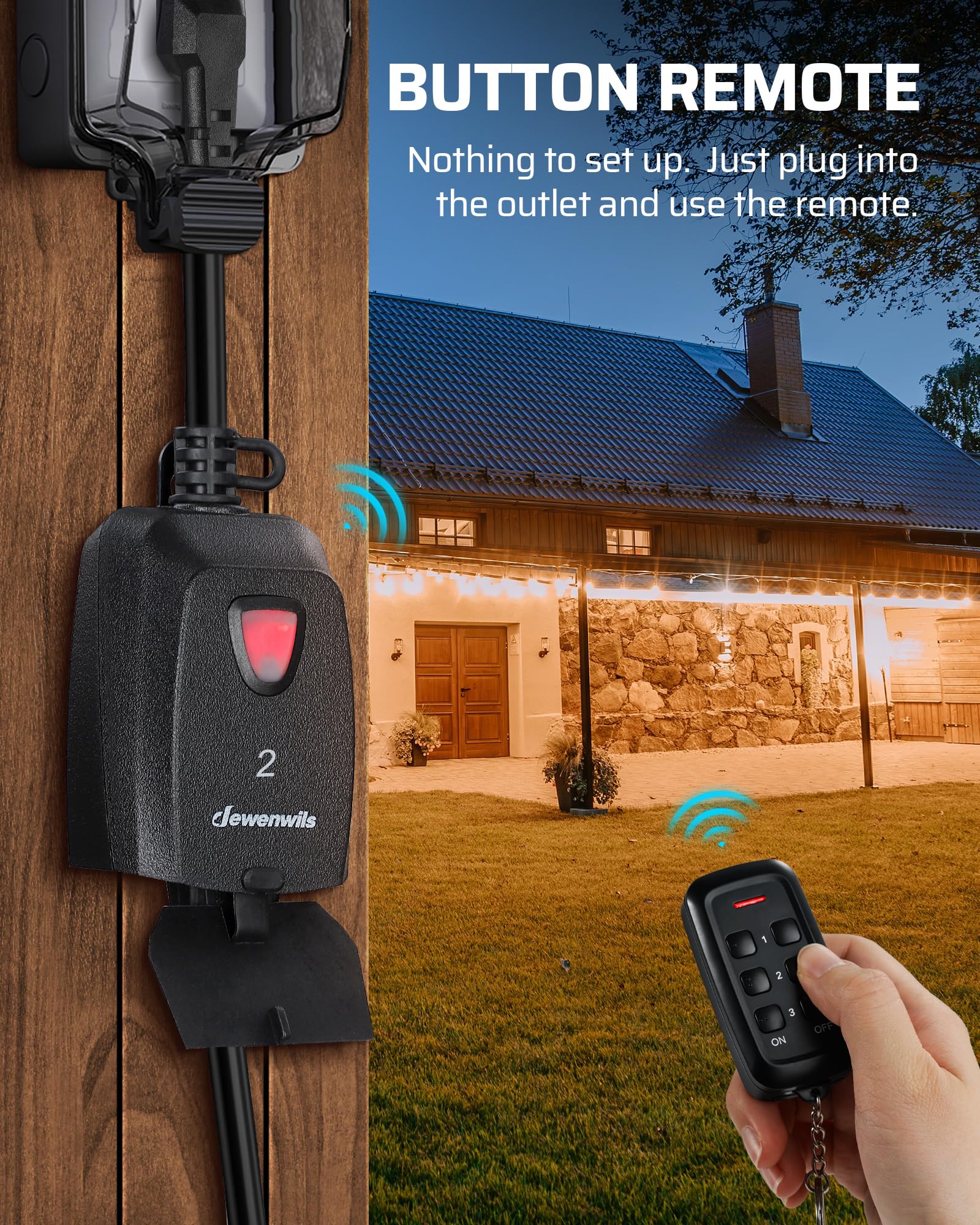 DEWENWILS weatherproof remote outlet cap protects the unit from dirt and rain.