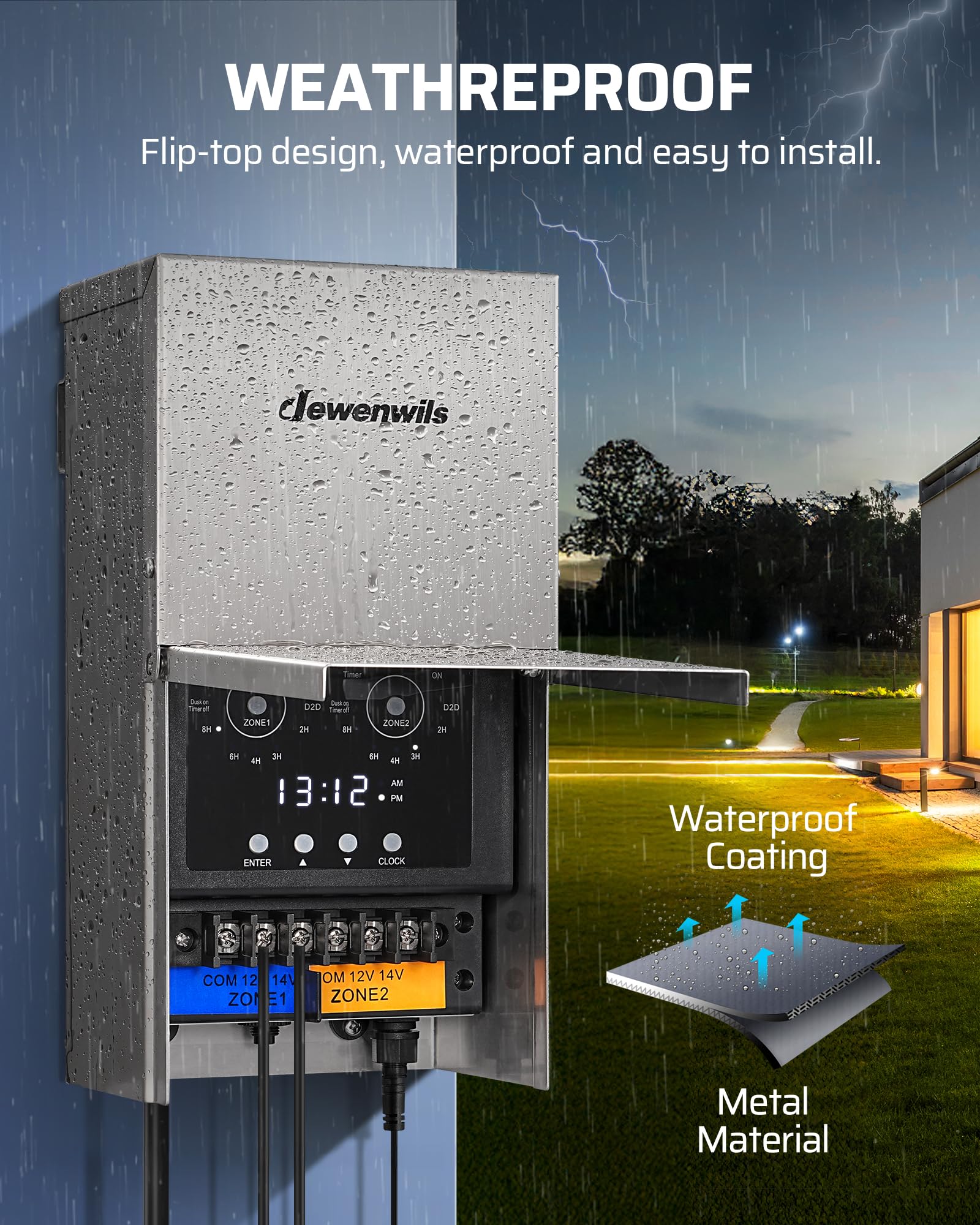 Rugged weatherproof stainless steel case protects the transformer from rain and snow