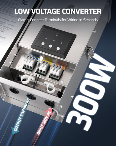 DEWENWILS weatherproof stainless-steel casing protects outdoor transformer from rain and corrosion.