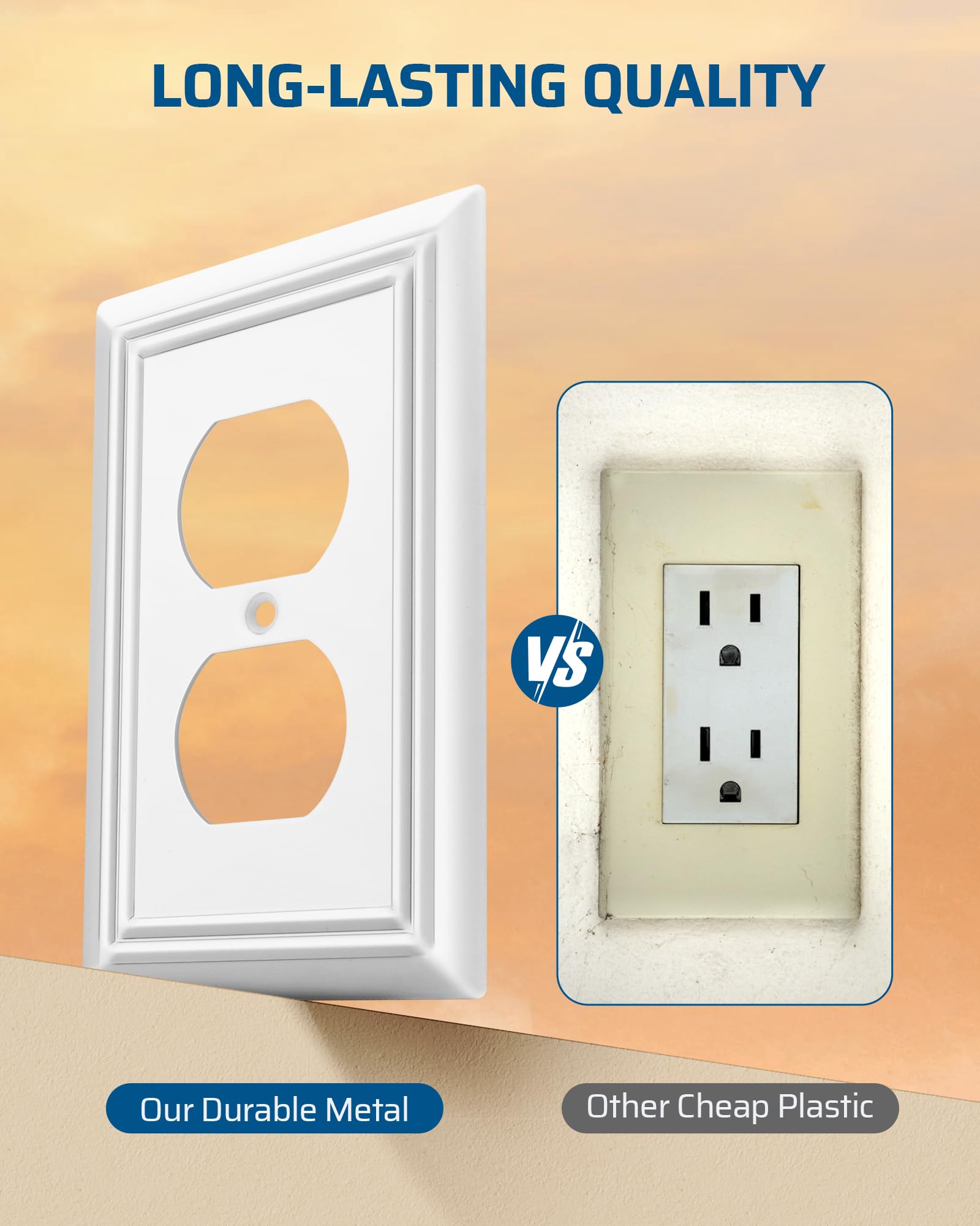 DEWENWILS white outlet cover plate with textured edges adds vintage charm.
