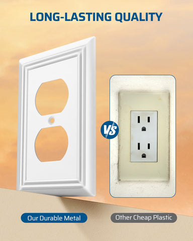 DEWENWILS white outlet cover plate with textured edges adds vintage charm.