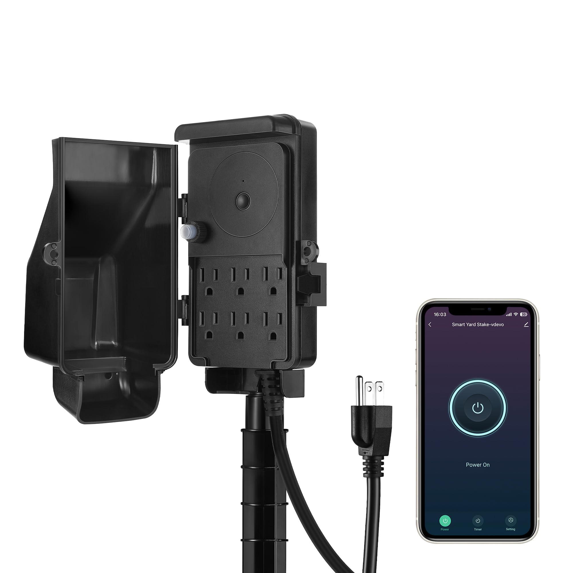 DEWENWILS WiFi yard stake with six outlets for remote outdoor lighting control.