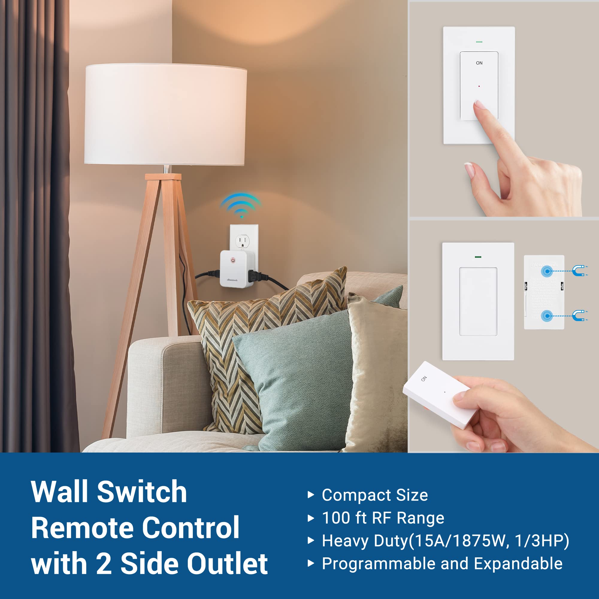 DEWENWILS wireless wall switch kit controls lamps and fans remotely from anywhere in the room