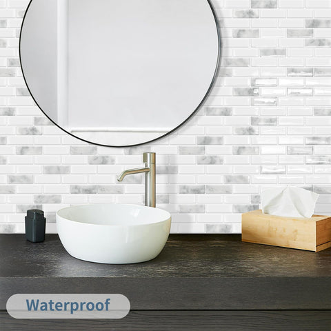 DEWOO backsplash on a kitchen wall in grey marble for a cohesive look.