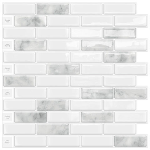DEWOO kitchen backsplash with peel-and-stick grey marble tiles for a quick stylish wall update.