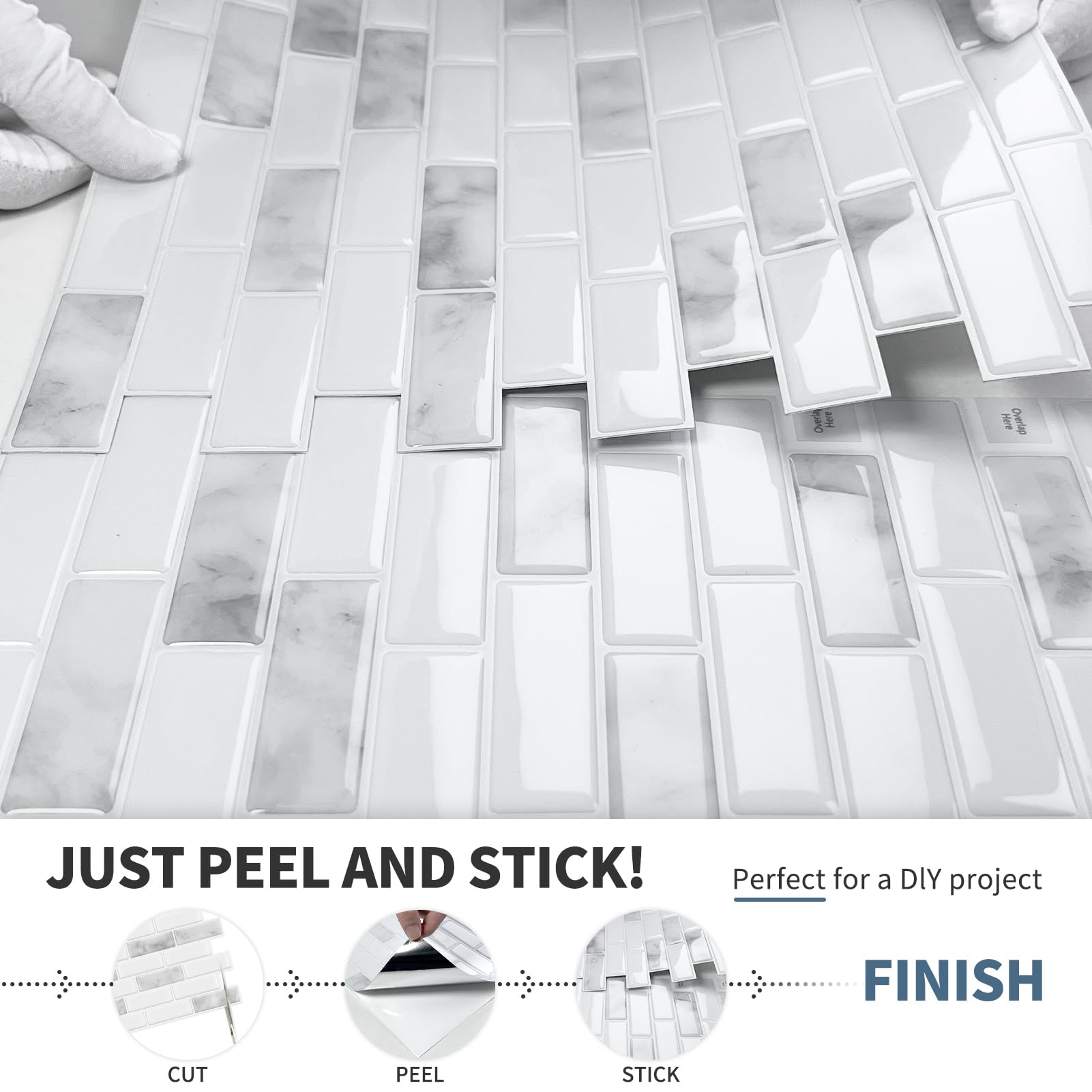 DEWOO self-adhesive tiles shown during installation for easy DIY use.