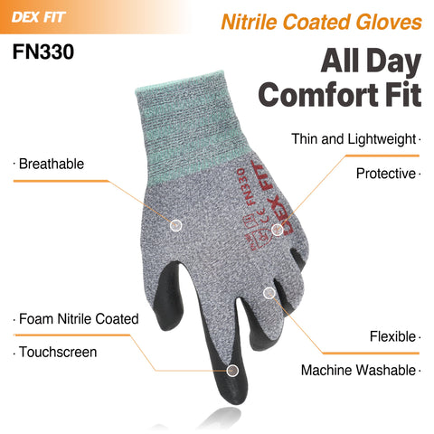 DEX FIT FN330 breathable nitrile gloves keep hands cool during work.