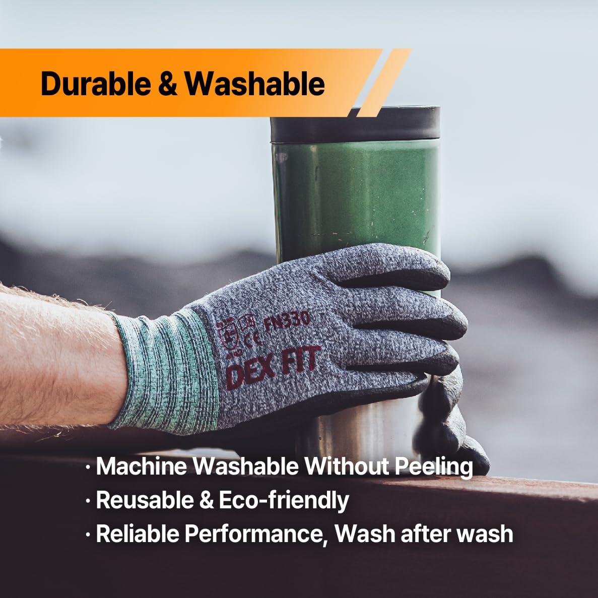 DEX FIT FN330 washable nitrile gloves for repeated use and hygiene.