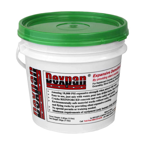 Dexpan Expansive Demolition Grout 11 lb bucket shows drill-pour workflow for controlled breaks.