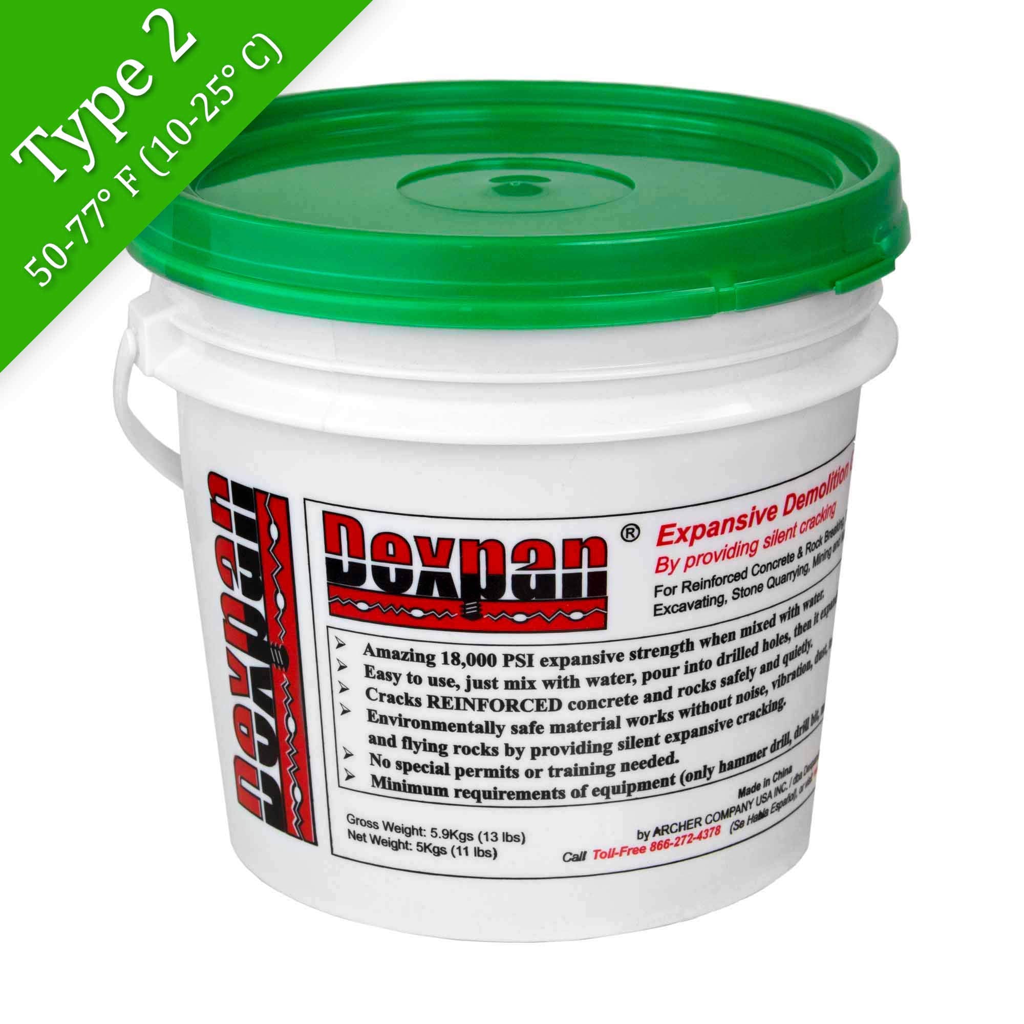 Dexpan Expansive Demolition Grout 11 lb bucket used for rock breaking with expansion.