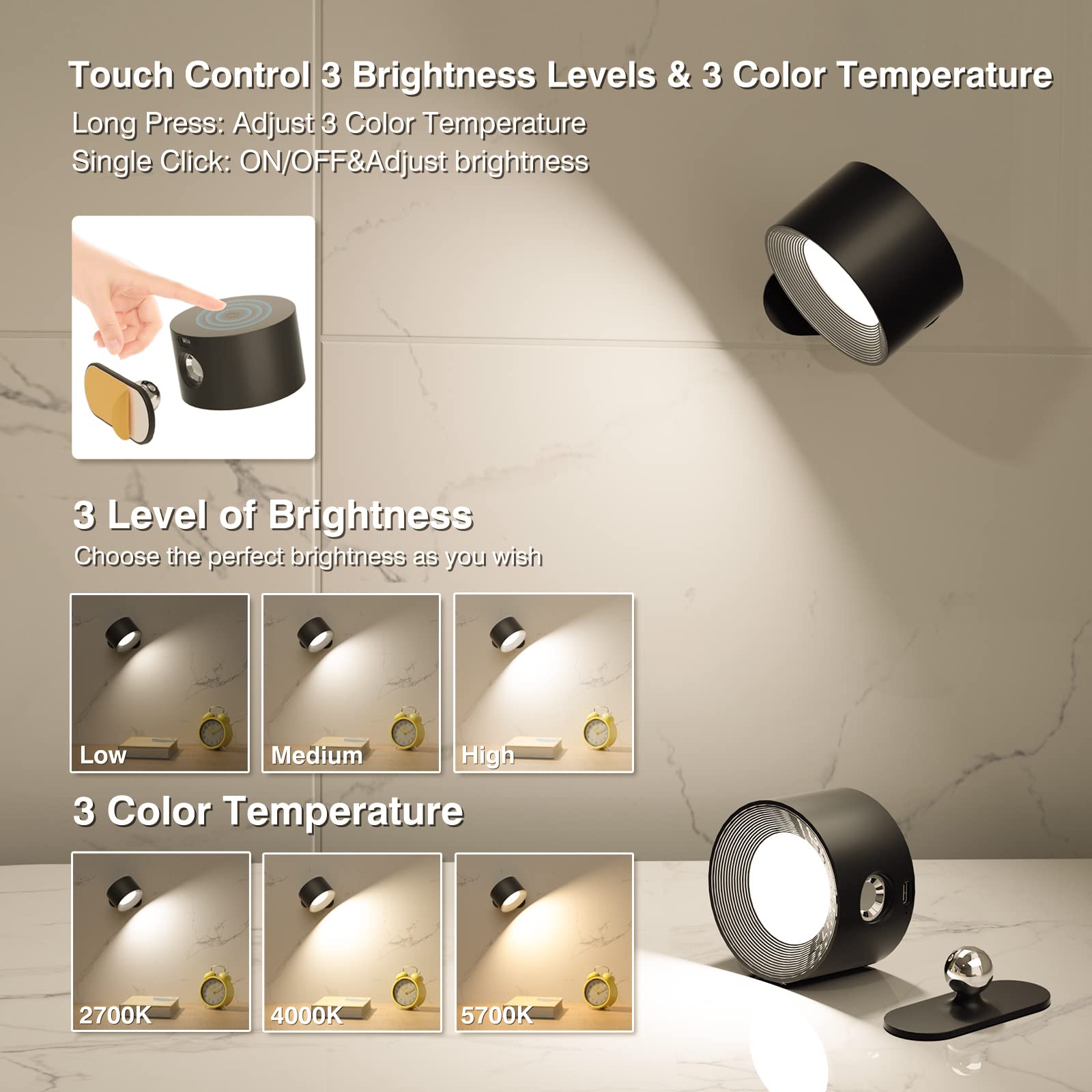 Deyagoo wall lamp with rechargeable battery and USB C port for cordless use