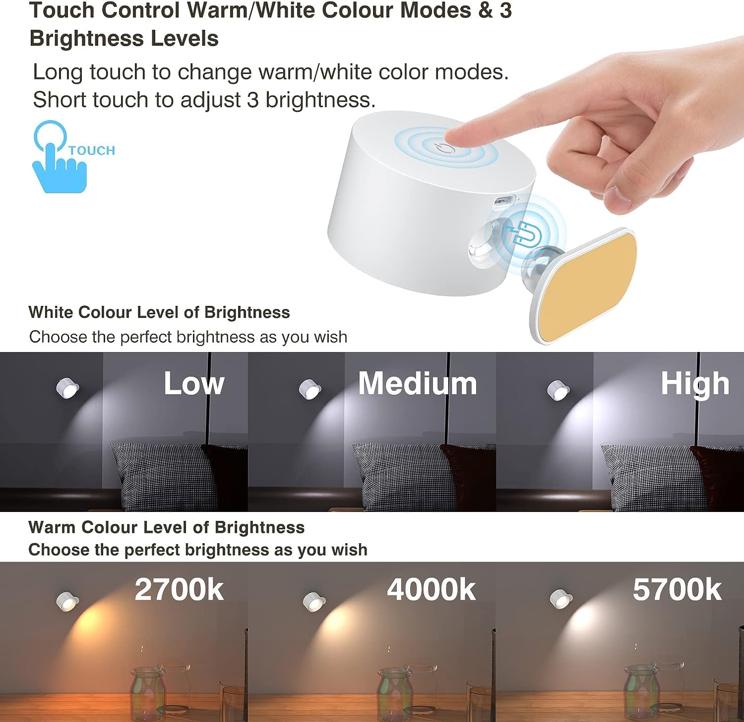 Rechargeable cordless wall light powered by built-in battery with USB-C charging