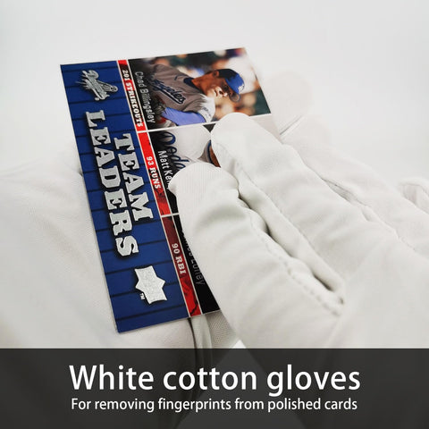 Deyimmei white cotton gloves protect polished cards during handling.