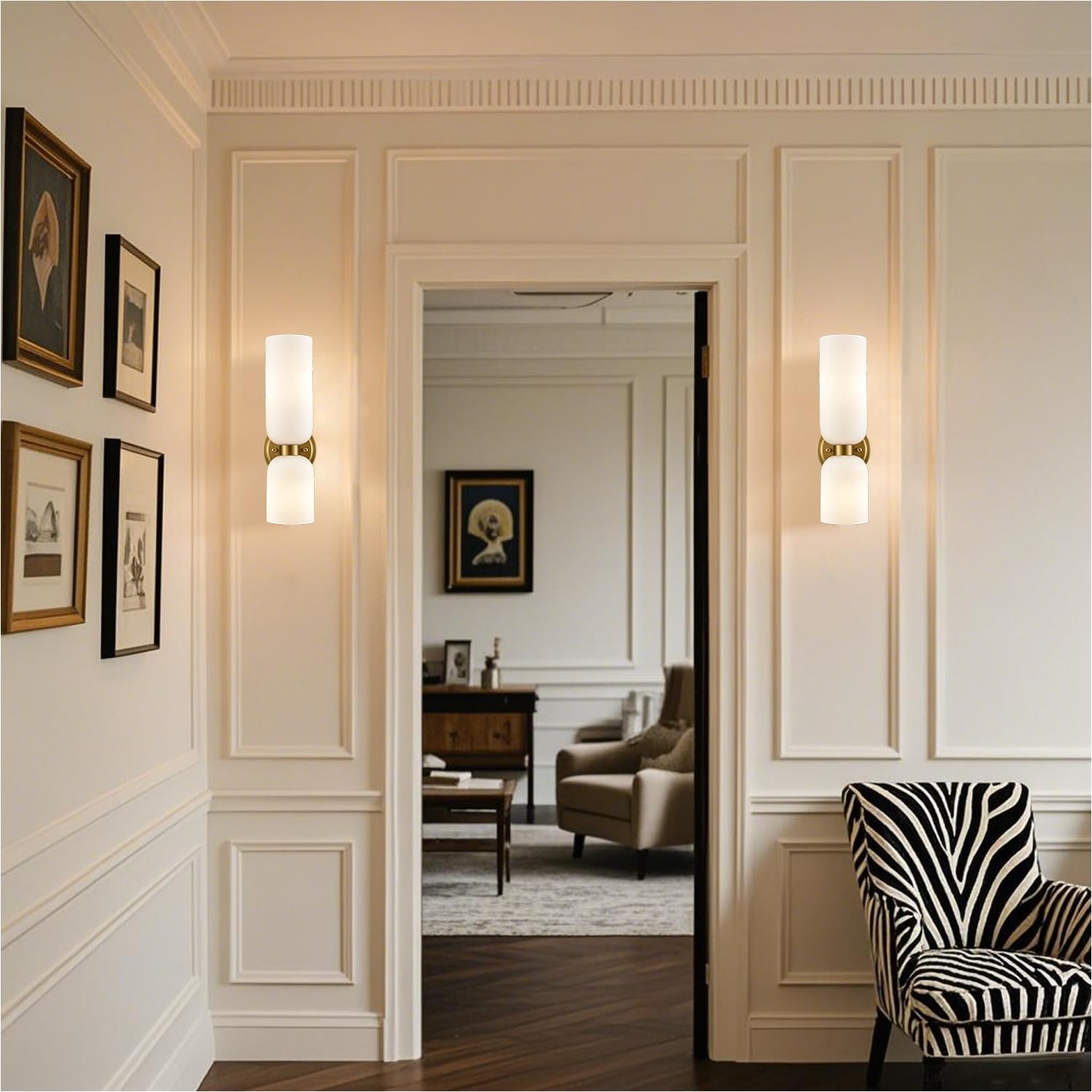 DEYNITE milky glass shades soften light for cozy ambience.