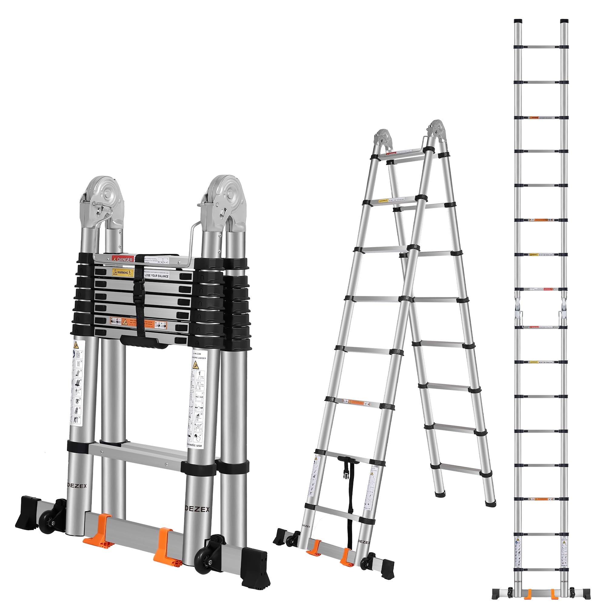 DEZEX telescoping ladder extended to 16.5 feet for indoor and outdoor reach