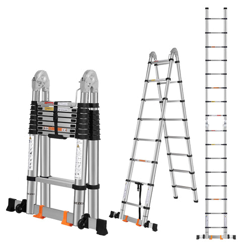 DEZEX telescoping ladder extended to 16.5 feet for indoor and outdoor reach