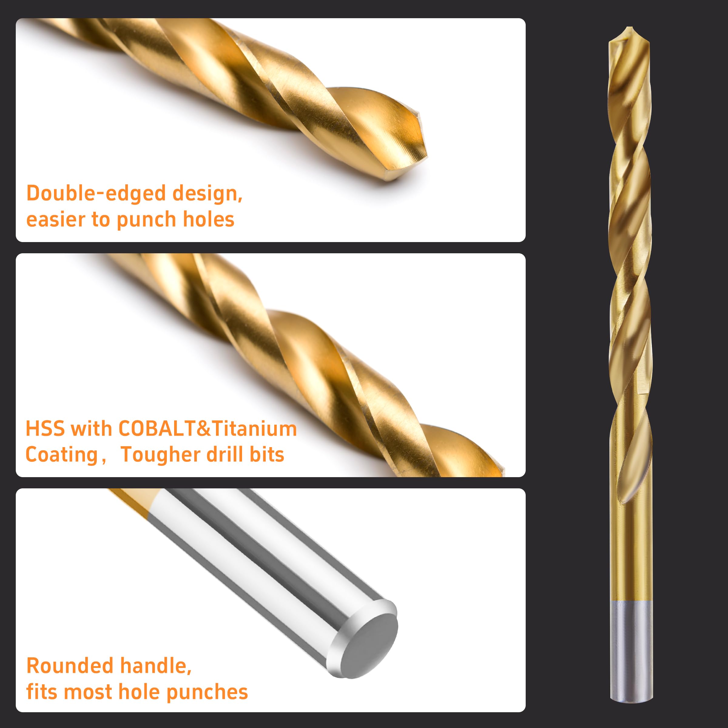DF DUALFERV cobalt left-hand drill bits highlight the 135-degree edge for precision.