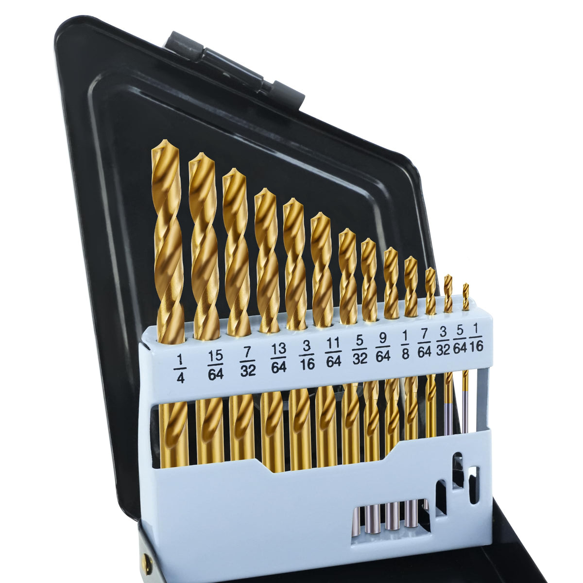 DF DUALFERV cobalt left-hand drill bits in a storage case for quick access.