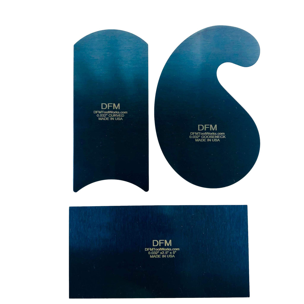 DFM Tool Works blue curved cabinet scraper card set demonstrates precise finish for fine woodworking