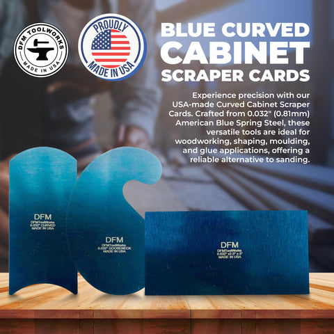 DFM Tool Works blue curved cabinet scraper card set 2 enables smooth material removal