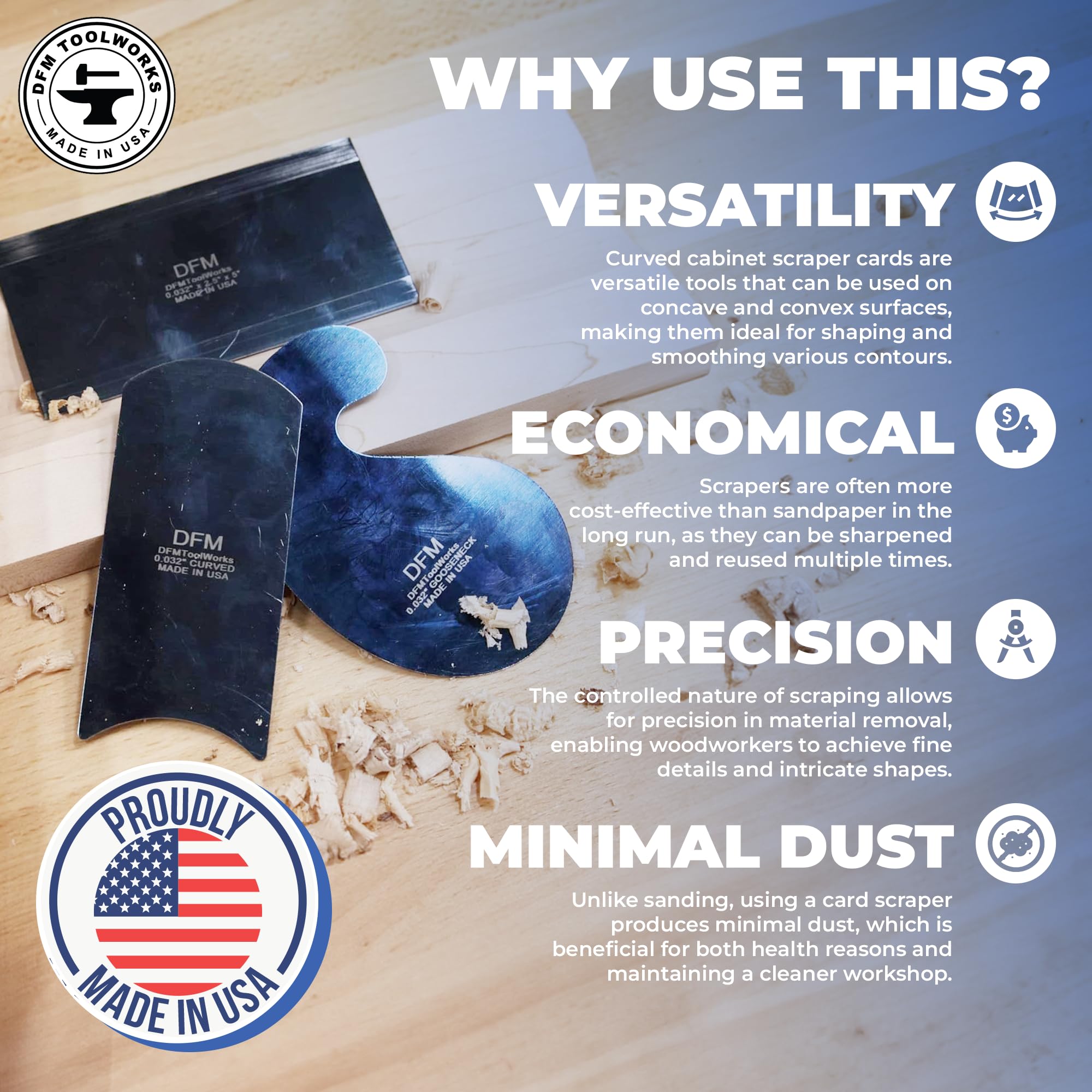 DFM Tool Works cabinet scraper edge-highlight shows sharp edge for clean surfaces
