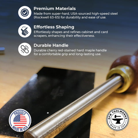 DFM Tool Works high-speed-steel-rod delivers durable burnishing for cabinet scrapers.