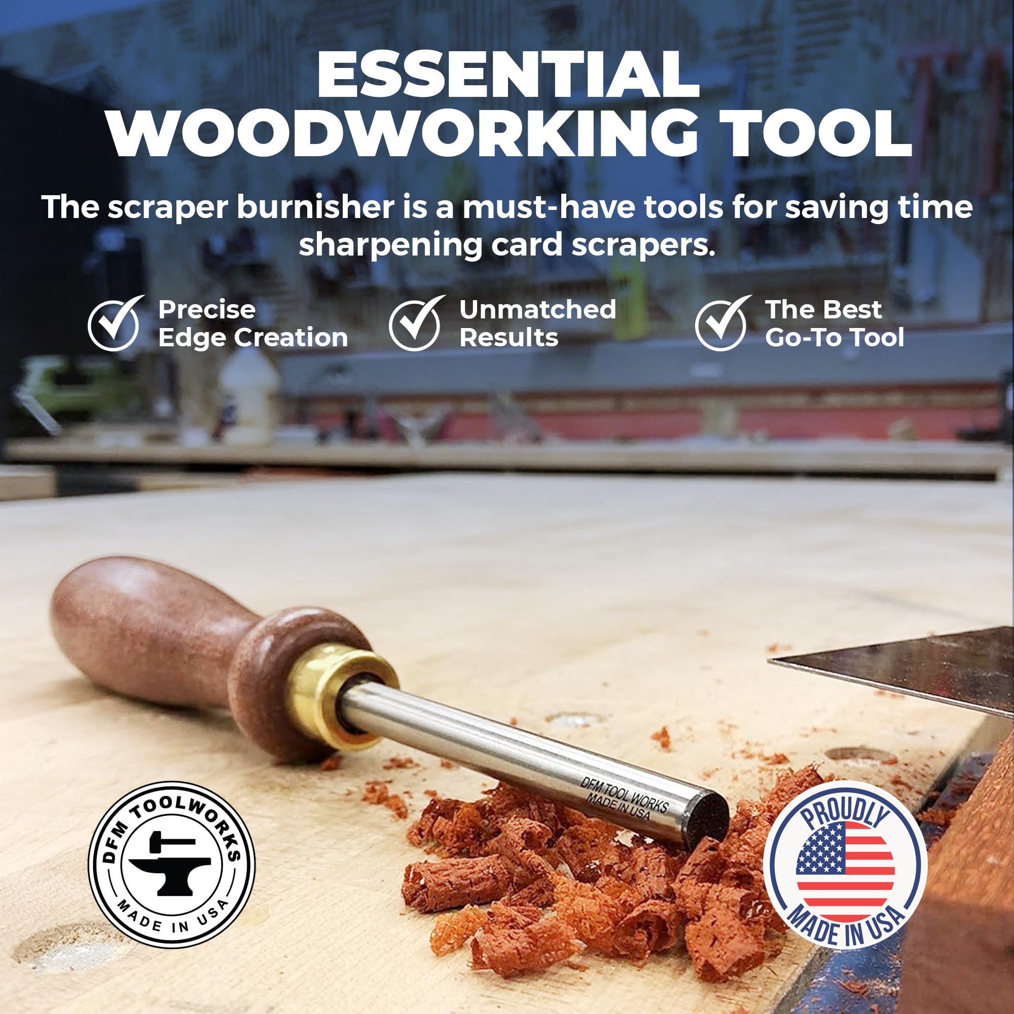 DFM Tool Works rockwell-63-65-steel core supports lasting burnishing for tough scrapers.