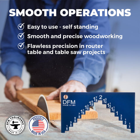 DFM Tool Works gauge used with router table for compatible adjustments.