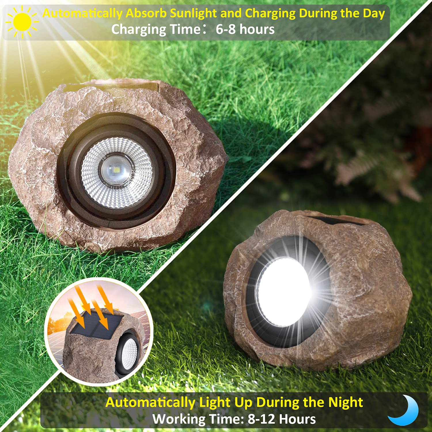 DGSCAK solar rock light daytime texture showcases natural stone look in a garden.