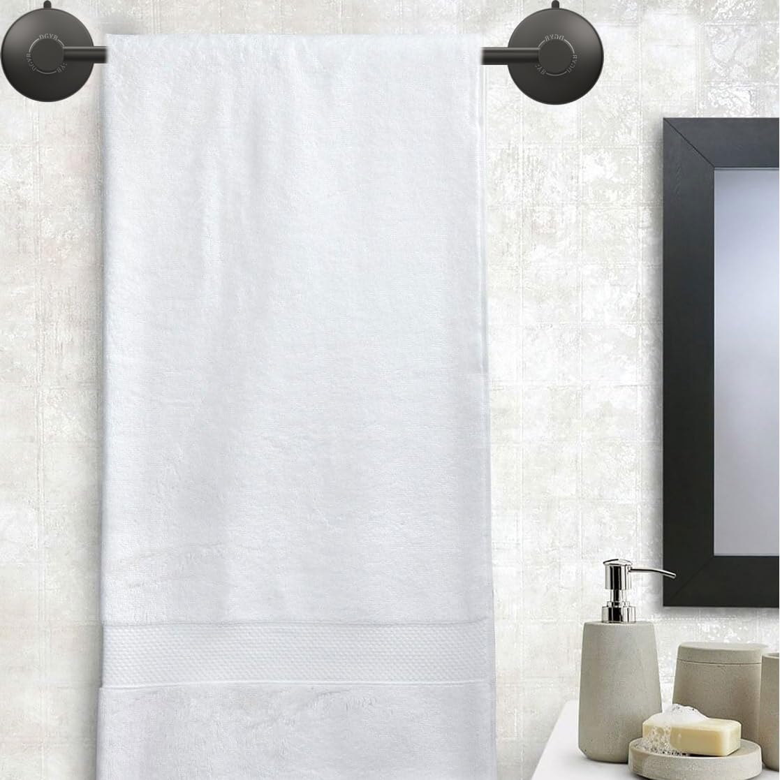 DGYB towel bar on glass shower door provides easy, tool-free mounting and wall protection.